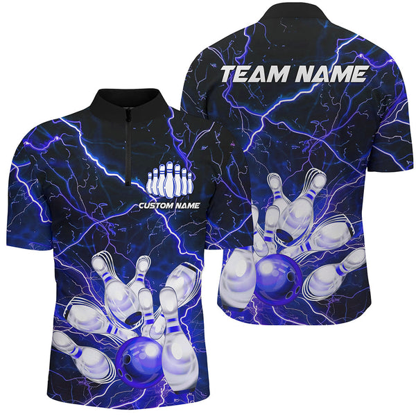 MaxCorners Bowling And Pins Thunder Lightning Strike  Customized Name, Team Name 3D Stand Collar Zipper Polo Shirt For Men