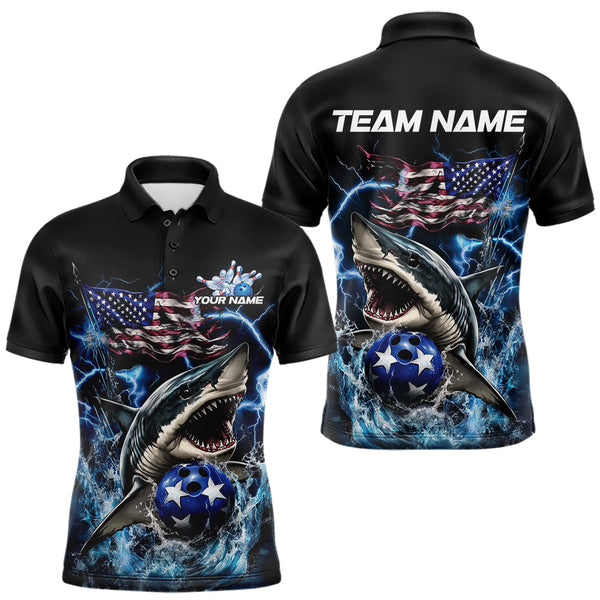 Maxcorners Custom Blue Lightning Patriotic Shark Bowling Team Men Polo Shirts, US Flag Bowling Shirt LM233