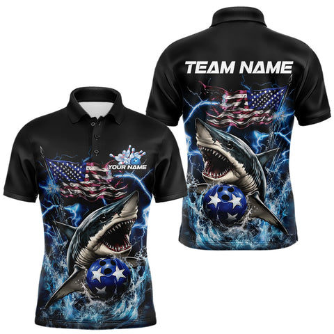 Maxcorners Custom Blue Lightning Patriotic Shark Bowling Team Men Polo Shirts, US Flag Bowling Shirt LM233
