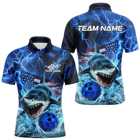 Maxcorners Custom Blue Lightning Patriotic Shark Bowling Team Men Polo Shirts, US Flag Bowling Shirts LM233