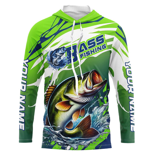 Maxcorners Custom Bass Fishing Jersey, Bass Long Sleeve Uv Protection Fishing Shirts | Green LM0201