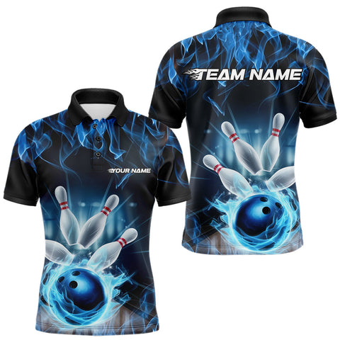 Maxcorners Custom Black And Blue Flame Bowling Team Polo Shirts For Men, Fire Bowling League Shirt LM3006