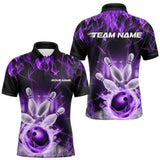 Maxcorners Custom Black And Purple Flame Bowling Team Polo Shirts For Men, Fire Bowling League Shirt LM3006