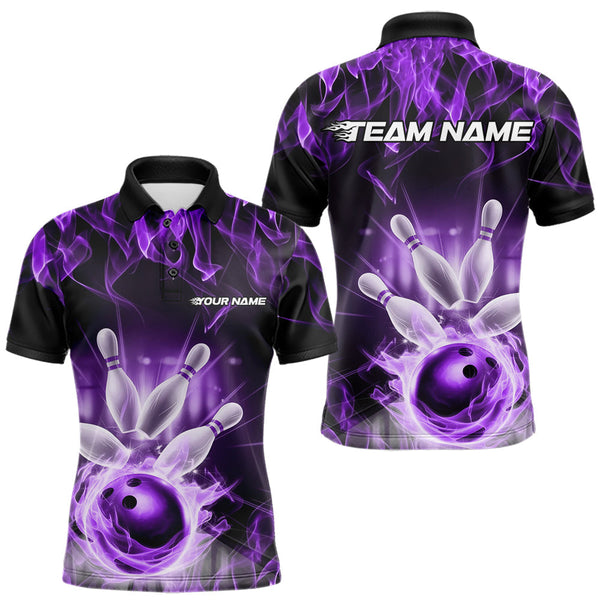 Maxcorners Custom Black And Purple Flame Bowling Team Polo Shirts For Men, Fire Bowling League Shirt LM3006