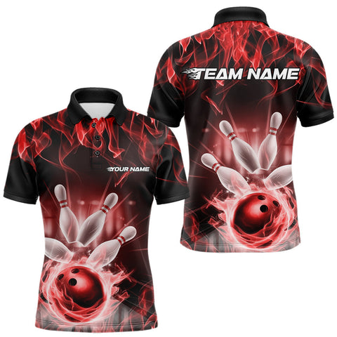 Maxcorners Custom Black And Red Flame Bowling Team Polo Shirts For Men, Fire Bowling League Shirt LM3006