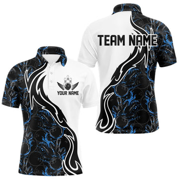 Maxcorners Custom Black And Blue Flame Bowling Team Shirts, Bowling League Shirt Men Bowling Jersey LM2201