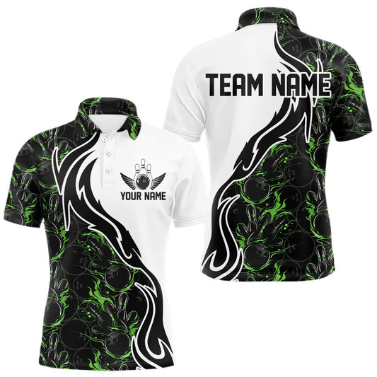 Maxcorners Custom Black And Green Flame Bowling Team Shirts, Bowling League Shirt Men Bowling Jersey LM2201