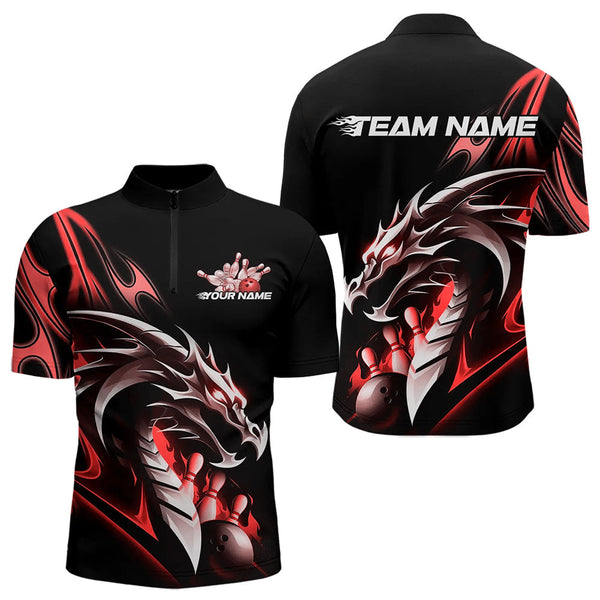 Maxcorners Custom Black And Red Flame Dragon Bowling Polo Shirts For Men, Dragon Bowling League Shirt