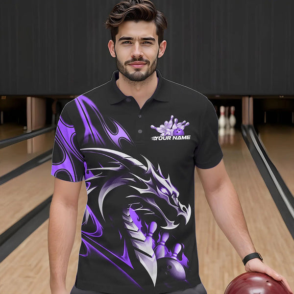 Maxcorners Custom Black And Purple Flame Dragon Bowling Polo Shirts For Men, Dragon Bowling League Shirt