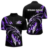 Maxcorners Custom Black And Purple Flame Dragon Bowling Polo Shirts For Men, Dragon Bowling League Shirt