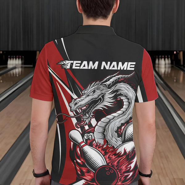 Maxcorners Custom Black And Red Flame Dragon Bowling Jerseys, Dragon Men Bowling Team Polo Shirts