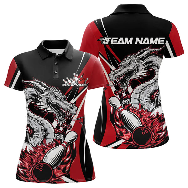 Maxcorners Custom Black And Red Flame Dragon Bowling Jerseys, Dragon Men Bowling Team Polo Shirts