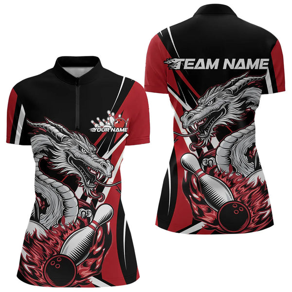 Maxcorners Custom Black And Red Flame Dragon Bowling Jerseys, Dragon Men Bowling Team Polo Shirts