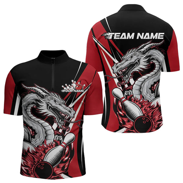 Maxcorners Custom Black And Red Flame Dragon Bowling Jerseys, Dragon Men Bowling Team Polo Shirts