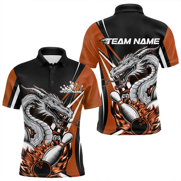 Maxcorners Custom Black And Orange Flame Dragon Bowling Jerseys, Dragon Men Bowling Team Polo Shirts