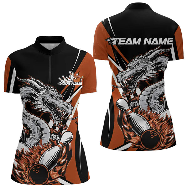 Maxcorners Custom Black And Orange Flame Dragon Bowling Jerseys, Dragon Men Bowling Team Polo Shirts