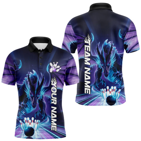 Maxcorners Custom Blue And Purple Dragon Bowling Polo Shirts For Men, Dragon Bowling League Shirt LM233