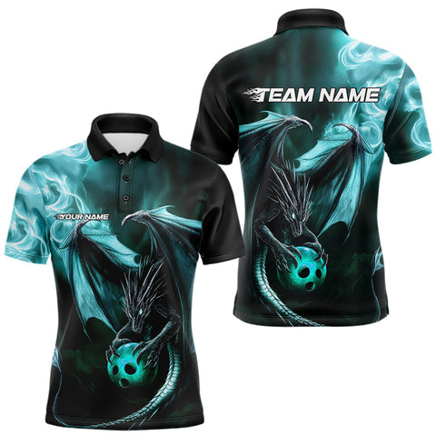 Maxcorners Custom Black And Blue Flame Dragon Bowling Polo Shirts For Men, Dragon Bowling Jerseys Lm243