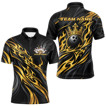 Maxcorners Black And Gold Tribal Custom Crown Bowling Team Men Polo Shirt, Bowler Gift LM2709