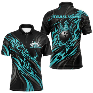 Maxcorners Black And Turquoise Blue Tribal Custom Crown Bowling Team Men Polo Shirt, Bowler Gift LM2709