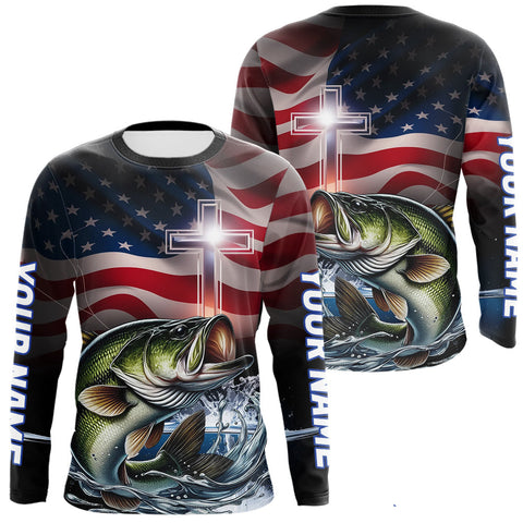 Maxcorners Custom Patrotic Largemouth Bass Long Sleeve Fishing Shirts, Faith Bass Fishing Shirt LM0607