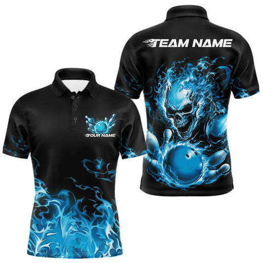 Maxcorners Custom Multi Color Fire Flame Skull Bowling Shirts For Men, Women And Kid, Halloween Bowling Jerseys | Cyan Bule LM2405