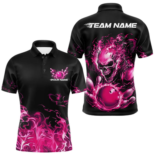 Maxcorners Custom Multi Color Fire Flame Skull Bowling Shirts For Men, Women And Kid, Halloween Bowling Jerseys | Pink LM2405