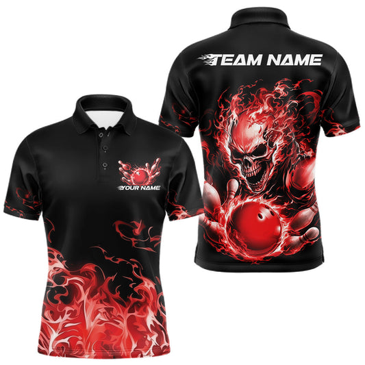 Maxcorners Custom Multi Color Fire Flame Skull Bowling Shirts For Men, Women And Kid, Halloween Bowling Jerseys | Red LM2405