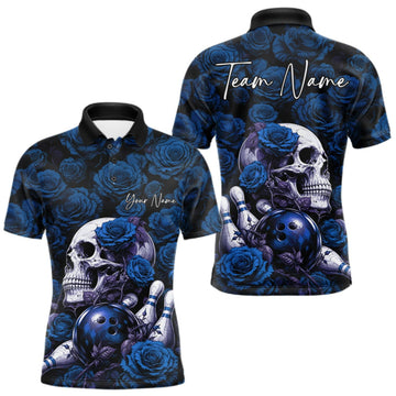 Maxcorners Custom Blue Roses And Skull Halloween Bowling Jersey Men Polo Shirt LM0409