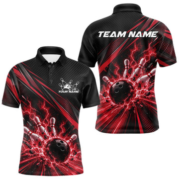Maxcorners Custom Black And Red Lightning Bowling Jerseys, Bowling Team League Men Polo Shirt LM2709
