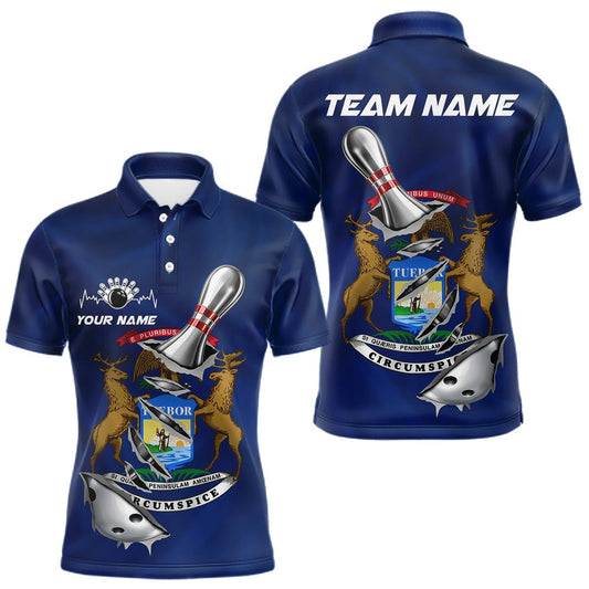 Maxcorners Custom Michigan State Flag Silver Bowling Ball And Pin Patriotic Bowling Shirts For Men LM2901