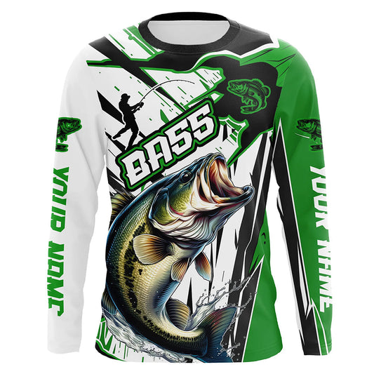 Maxcorners Largemouth Bass Custom Long Sleeve Tournament Fishing Shirts, Bass Fishing Jerseys | Green LM0201