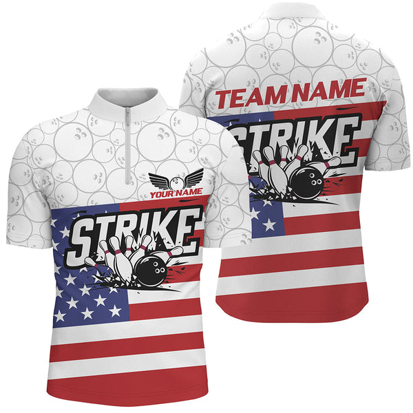 MaxCorners Bowling And Pins  American Flag Strike Customized Name, Team Name 3D Stand Collar Zipper Polo Shirt For Men