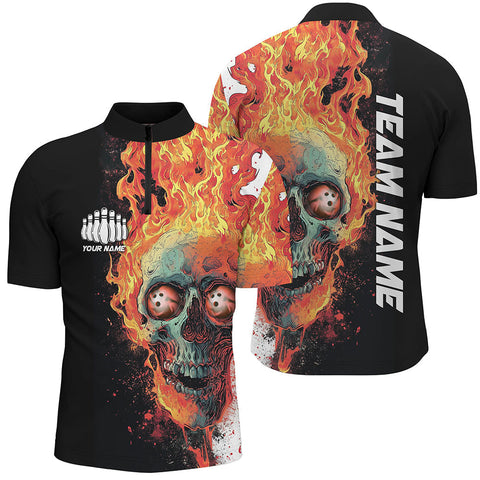 MaxCorners Bowling And Pins Flame Skull Bowler Jerseys Customized Name, Team Name 3D Stand Collar Zipper Polo Shirt For Men