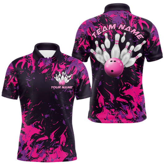 Maxcorners Custom Purple And Pink Camo Men Bowling League Shirt, Bowlers Jerseys Tournament Outfit LM2901