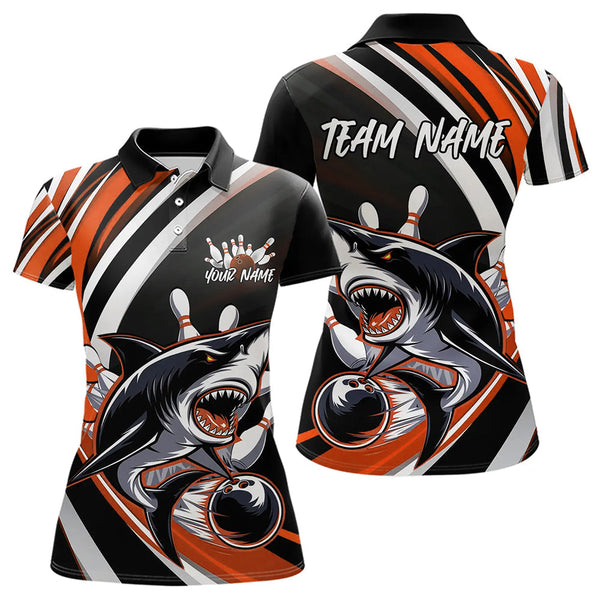 Maxcorners Custom Black And Orange Shark Bowling Polo Shirts For Men, Shark Bowling Team Jerseys