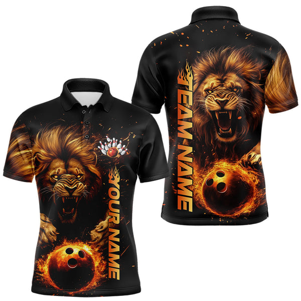 Maxcorners Custom Fire Flame Lion Bowling Team Polo Shirts For Men, Lion Bowling Tournament Shirt LM253