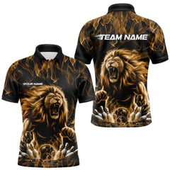 Maxcorners Custom Black And Yellow Flame Lion Bowling Men Polo Shirts, Lion Bowling Team Uniform LM253