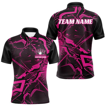 Maxcorners Custom Black And Pink Lightning Crack Modern Bowling Team Polo Shirt For Men And Women LM2603