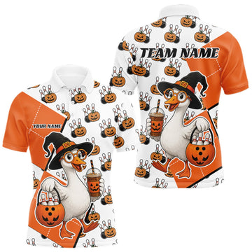 Maxcorners Custom Funny Halloween Goose Bowling Men Polo Shirt, Orange Halloween Outfit LM0409