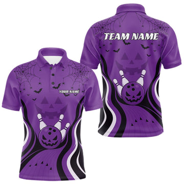 Maxcorners Custom Purple Jack O Lantern And Spider Web Halloween Bowling Men Polo Shirt LM0409