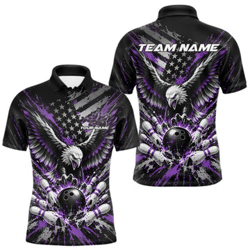 Maxcorners Custom Black And Purple Patriotic Eagle Bowling League Men Polo Shirt, Team Jersey LM2709