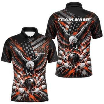 Maxcorners Custom Black And Orange Patriotic Eagle Bowling League Men Polo Shirt, Team Jersey LM2709