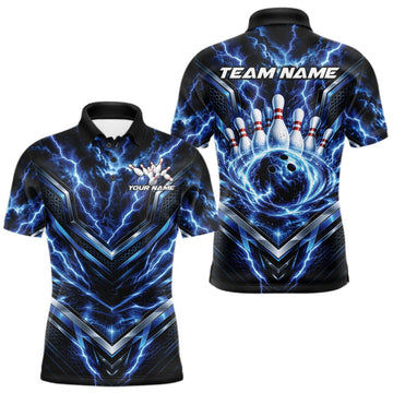 Maxcorners Custom Blue Lightning Bowling Team Men Polo Shirt, Matching Bowling League Shirt LM2709
