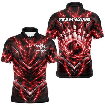 Maxcorners Custom Red Lightning Bowling Team Men Polo Shirt, Matching Bowling League Shirt LM2709