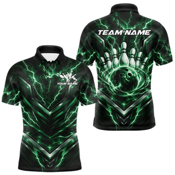 Maxcorners Custom Green Lightning Bowling Team Men Polo Shirt, Matching Bowling League Shirt LM2709