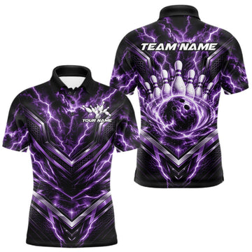 Maxcorners Custom Purple Lightning Bowling Team Men Polo Shirt, Matching Bowling League Shirt LM2709