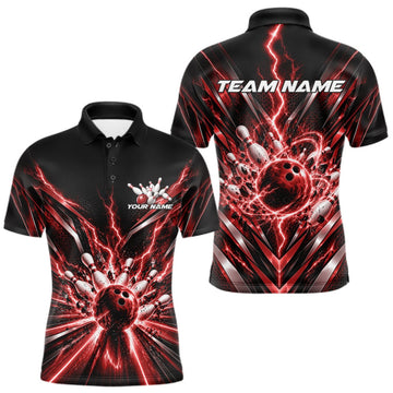 Maxcorners Custom Red Lightning Bowling Team Jersey, Matching Bowling League Polo Shirt For Men LM2709