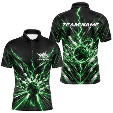 Maxcorners Custom Green Lightning Bowling Team Jersey, Matching Bowling League Polo Shirt For Men LM2709
