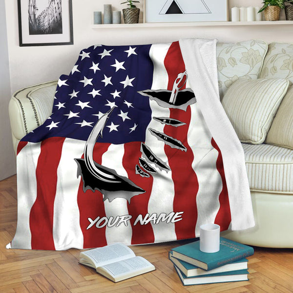 Maxcorners Fish Hook American Flag Customized Name 3D Quilt - Blanket